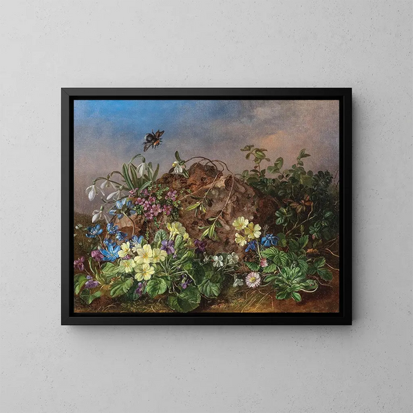 Spring Flowers Painting with Bumblebee - Theodor Petter — framed artwork on a wall