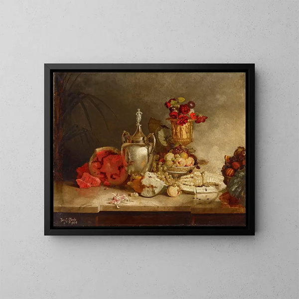 Naturaleza muerta con frutas y una urna - Theodore Clement Steele — cuadro enmarcado en la pared