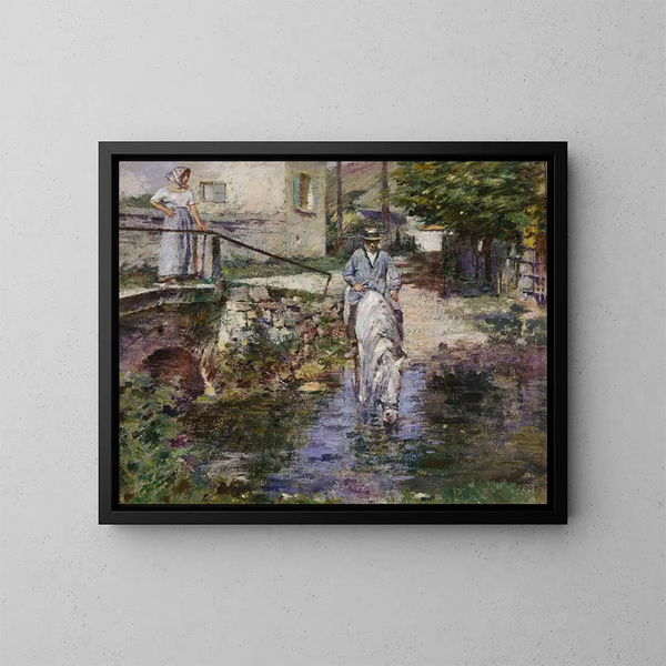Pré Trognon and his daughter at the bridge - Theodore Robinson — framed artwork on a wall