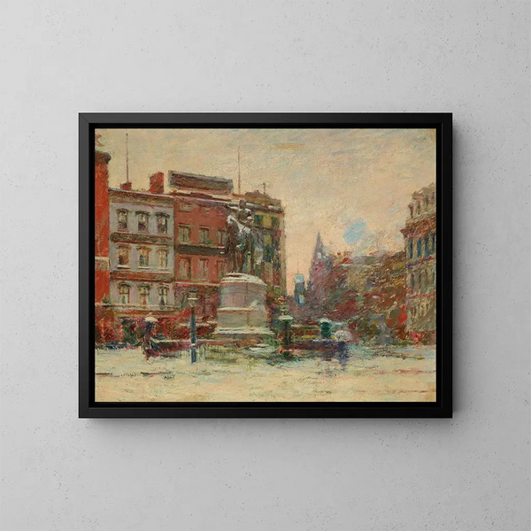 Washington Monument at Union Square in winter - Theodore Robinson — framed artwork on a wall