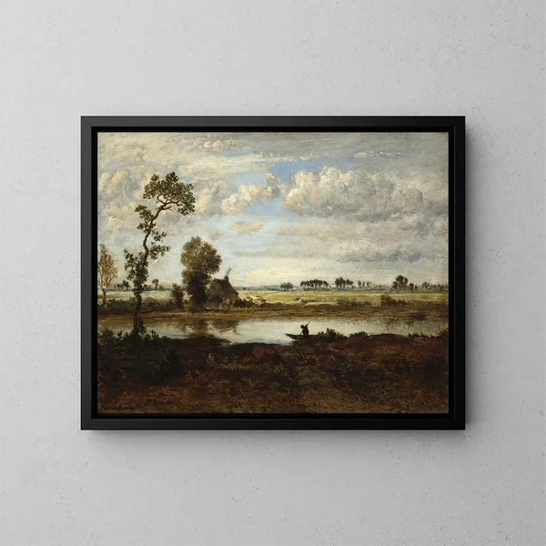 Landscape painting with a boatman - Théodore Rousseau — framed artwork on a wall