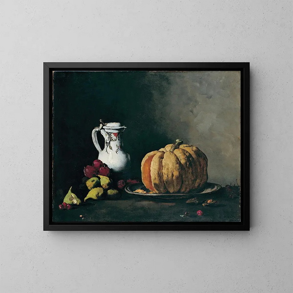 naturaleza muerta con calabaza, ciruelas, cerezas, higos y jarra - Théodule Ribot — cuadro enmarcado en la pared