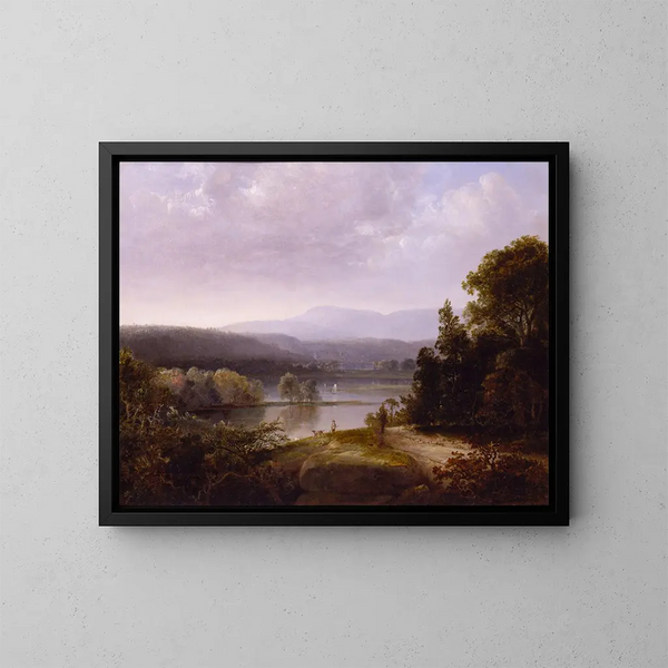 Vista del río con cazadores y perros - Thomas Doughty — cuadro enmarcado en la pared