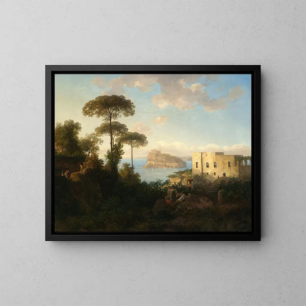 Landscape painting with characters and architecture, view of Ischia, Italy - Thomas Ender — framed artwork on a wall