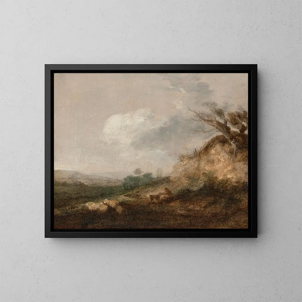 Un pastor y su perro en un paisaje, su rebaño descansando cerca de una duna en primer plano - Thomas Gainsborough — cuadro enmarcado en la pared