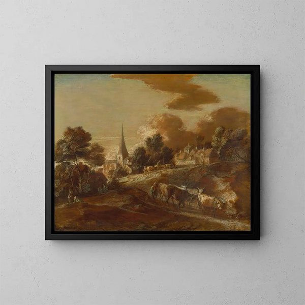 Un pueblo arbolado imaginario con conductores de ganado y ganado - Thomas Gainsborough — cuadro enmarcado en la pared