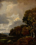Landscape painting with trees and a field, a church steeple in the distance - Thomas Gainsborough — artwork view