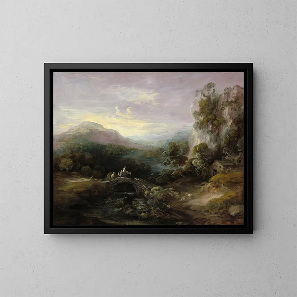 Mountain landscape painting with bridge - Thomas Gainsborough — framed artwork on a wall