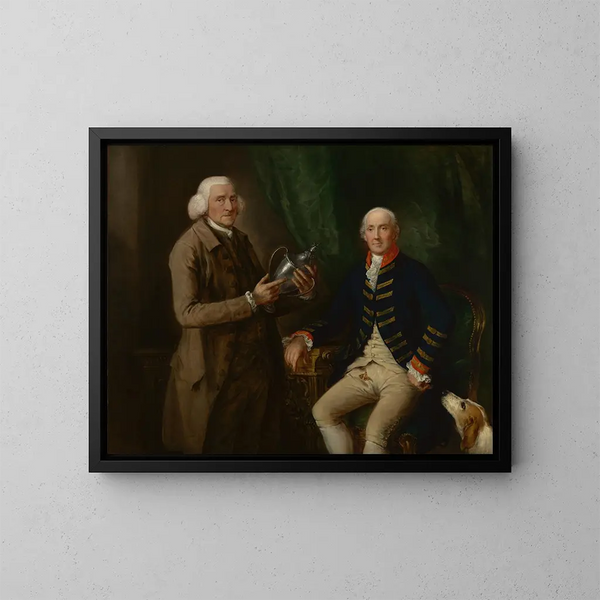 retrato de William Anne Hollis, 4o conde de Essex, presentando un cuenco a Thomas Clutterbuck de Watford - Thomas Gainsborough — cuadro enmarcado en la pared