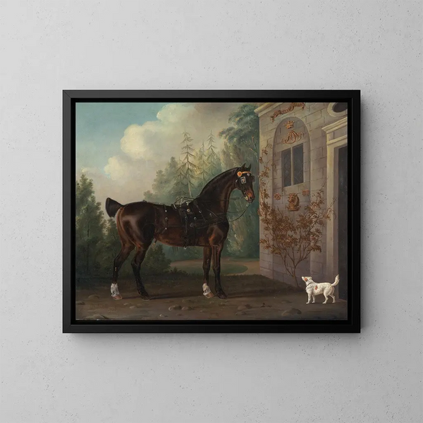 El caballo de carruaje negro de Lord Abergavenny con un terrier - Thomas Gooch — cuadro enmarcado en la pared