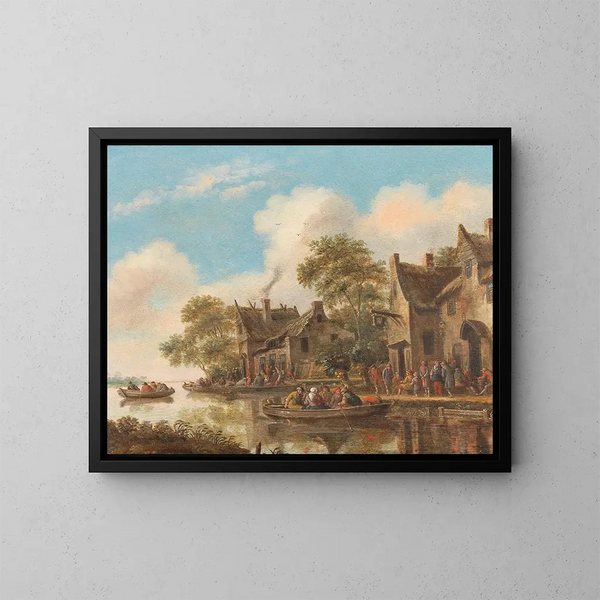 Landscape painting with ferries and a tavern - Thomas Heeremans — framed artwork on a wall