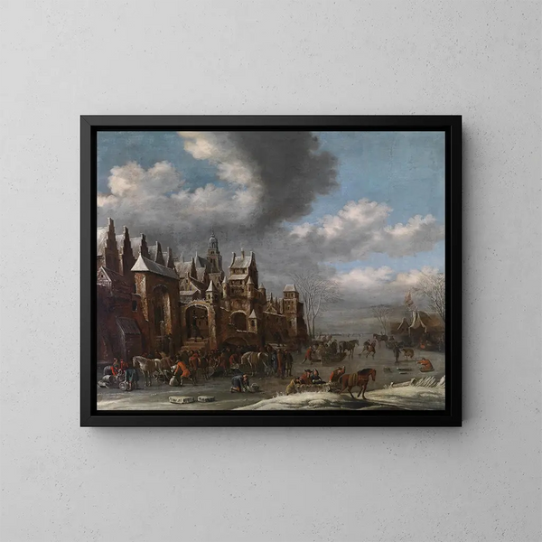 Winter Landscape Painting with Icy Banks - Thomas Heeremans — framed artwork on a wall