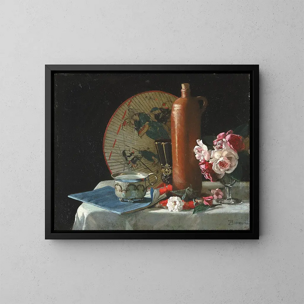 Naturaleza muerta con abanico y rosas - Thomas Hovenden — cuadro enmarcado en la pared