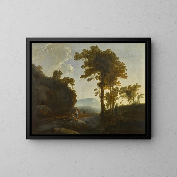 Paisaje extendido con un pastor y una pastora y su rebaño - Thomas Jones — cuadro enmarcado en la pared