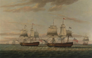 Thomas Luny - An Indiaman and a Two Decker Hove to Said to be Thomas Dumar Esq in HM Ship Portland Deliveri.webp