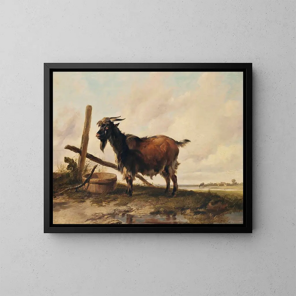 Una cabra en un paisaje con ganado a lo lejos - Thomas Sidney Cooper — cuadro enmarcado en la pared