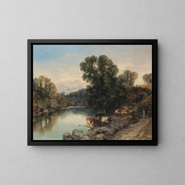 de ganado y ovejas junto al río - Thomas Sidney Cooper — cuadro enmarcado en la pared