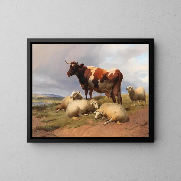 Bétail y ovejas en un prado en un vasto paisaje - Thomas Sidney Cooper — cuadro enmarcado en la pared