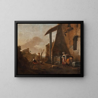 Thomas Wijck - Maidservants washing laundry and another maid selling apples in a courtyard a hilly landscape beyond.webp