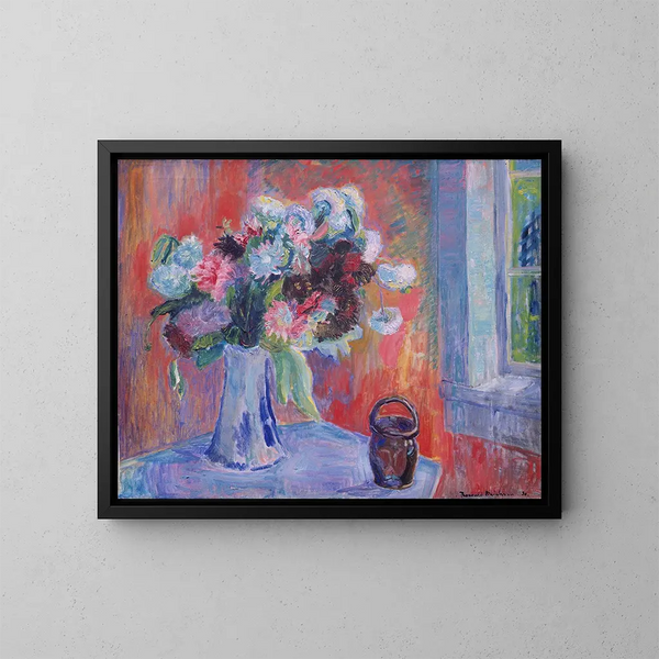Vase of Flowers in a Red Interior - Thorvald Erichsen — framed artwork on a wall