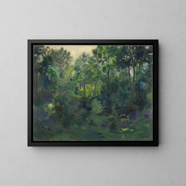 Landscape painting with wooded scenery - Thorvald Erichsen — framed artwork on a wall