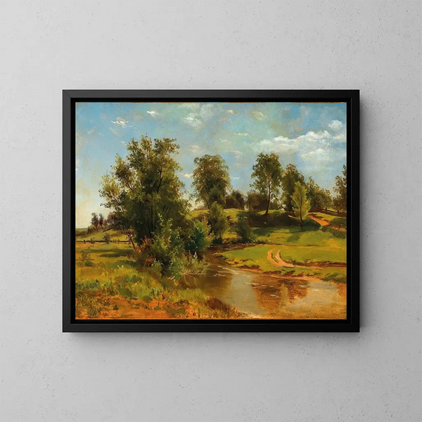 a rolling landscape with a stream - Tina Blau — framed artwork on a wall