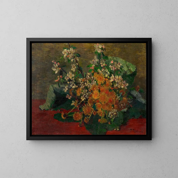 Bouquet de pissenlits et de fleurs de pommier - Tina Blau — framed artwork on a wall