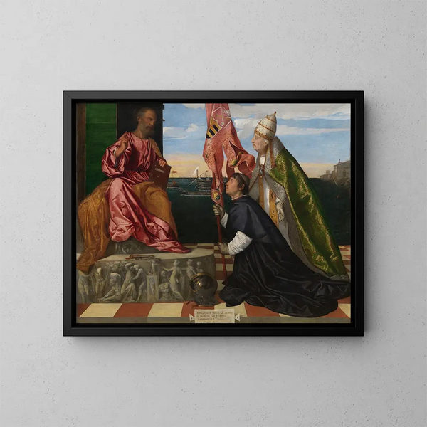 El Papa Alejandro VI presentando al obispo Jacopo Pesaro a San Pedro - Titien — cuadro enmarcado en la pared