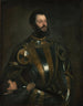 Portrait of Alfonso d'Avalos, Marquis of Vasto in armor with page - Titian — artwork view