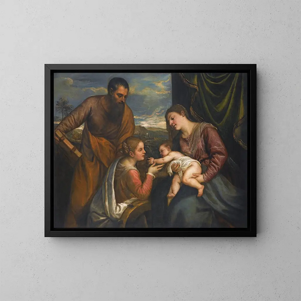 The Virgin and Child with Saints Luke and Catherine of Alexandria - Titian — framed artwork on a wall
