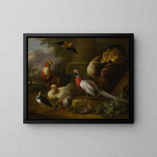 de pavos reales, faisanes, gallinas, perdices y un avetorillo en un paisaje - Tobias Stranover — cuadro enmarcado en la pared