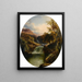 Landscape painting of a lush landscape by a waterfall - Tom Seymour — framed artwork on a wall