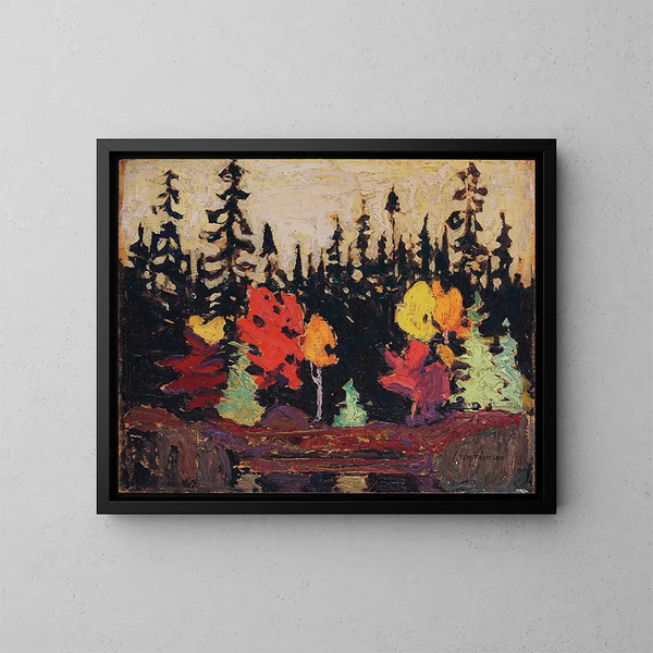 Black Spruce and Maple Painting - Tom Thomson — framed artwork on a wall