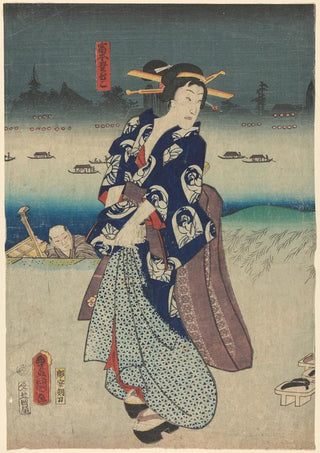 Toyokuni Utagawa - Evening Woman in Blue Kimono on Roof.webp