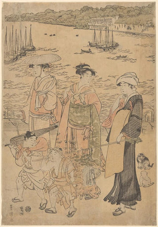Toyokuni Utagawa - Three Women and Two Children by the Water ships in background.webp