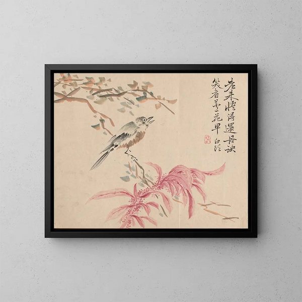 Espinacas con fresas y ruiseñor - Tsubaki Chinzan — cuadro enmarcado en la pared
