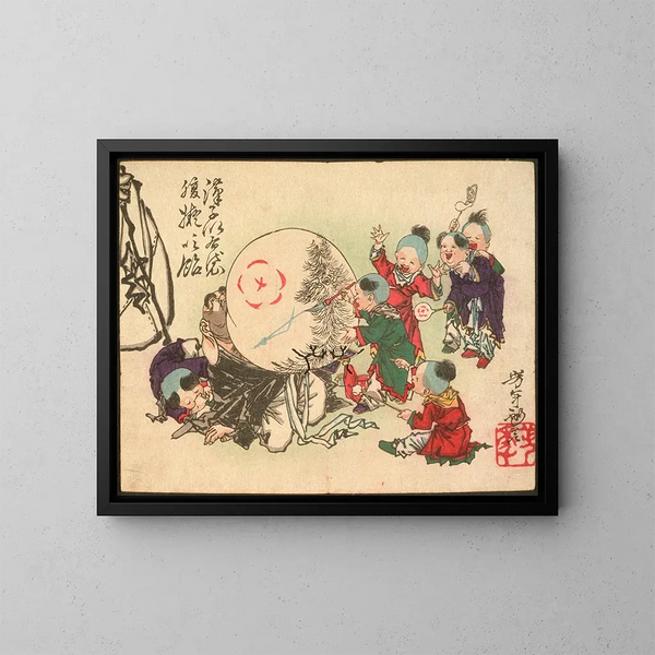 Niños haciendo explotar hoteles, el vientre pintado como caramelos - Tsukioka Yoshitoshi — cuadro enmarcado en la pared