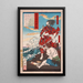 Chinzei Hachir Tametomo and Oniyashi on a beach - Tsukioka Yoshitoshi — framed artwork on a wall