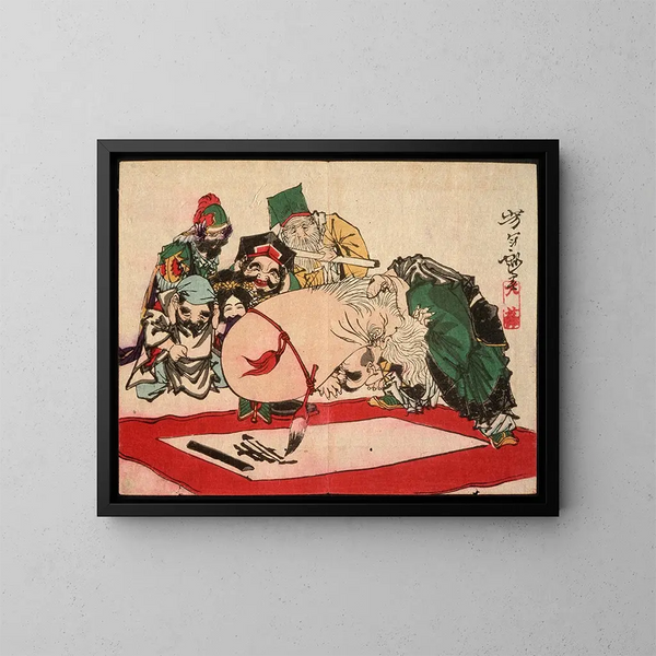 Fukurokuju escribiendo con su cabeza - Tsukioka Yoshitoshi — cuadro enmarcado en la pared