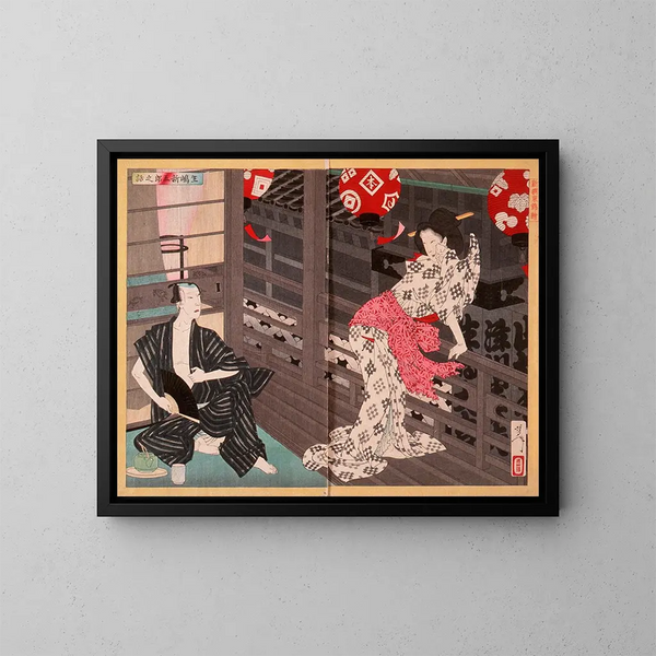 la dama Ejima y el actor Ikushima Shingor - Tsukioka Yoshitoshi — cuadro enmarcado en la pared