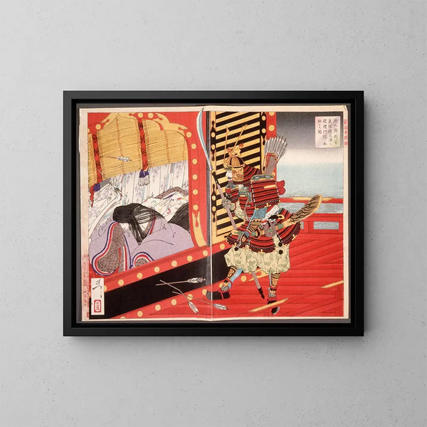 Minamoto no Yoshitsune salvando a Kenrei Monin durante la batalla de Dannoura - Tsukioka Yoshitoshi — cuadro enmarcado en la pared