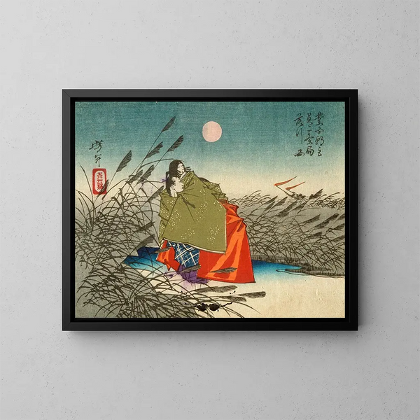 Narihira y Nij no Tsubone al borde del río Fuji - Tsukioka Yoshitoshi — cuadro enmarcado en la pared