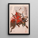 Sahyenosuke Minamoto no Yoritomo attacking an enemy on horseback - Tsukioka Yoshitoshi — framed artwork on a wall