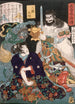 Sangoku sitting in front of a demon and a warrior - Tsukioka Yoshitoshi — artwork view