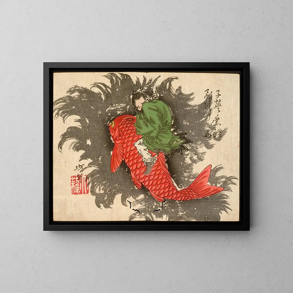 Shiei chevauchant une carpe au-dessus de la mer - Tsukioka Yoshitoshi — cuadro enmarcado en la pared
