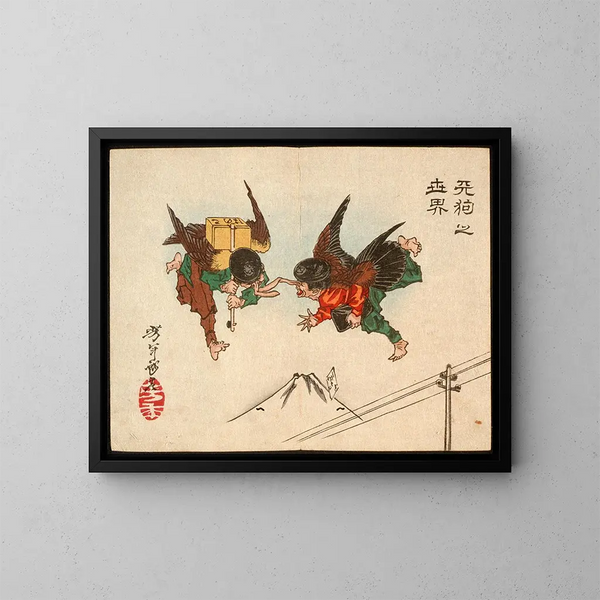 Mensajeros Tengu chocando en pleno vuelo - Tsukioka Yoshitoshi — cuadro enmarcado en la pared