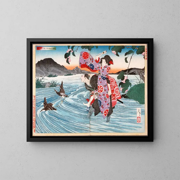 El demonio Omatsu mata a Shirsabur en el vado - Tsukioka Yoshitoshi — cuadro enmarcado en la pared
