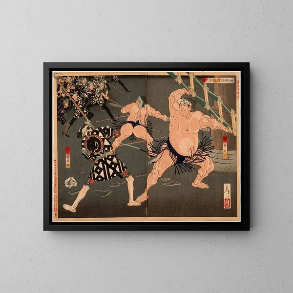 Duel entre Yotsuguruma Daihachi y Kotengu Heisuke durante la batalla de los luchadores y los bomberos en el santuario Shinmei - Tsukioka Yoshitoshi — cuadro enmarcado en la pared