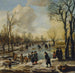 Un paisaje de invierno con aldeanos patinando y jugando al kolf en un canal helado, un pueblo a lo lejos - Aert van der Neer — vista de la obra