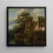 a standing figure near a stone house by a river - Cornelis Gerritsz Decker — framed artwork on a wall